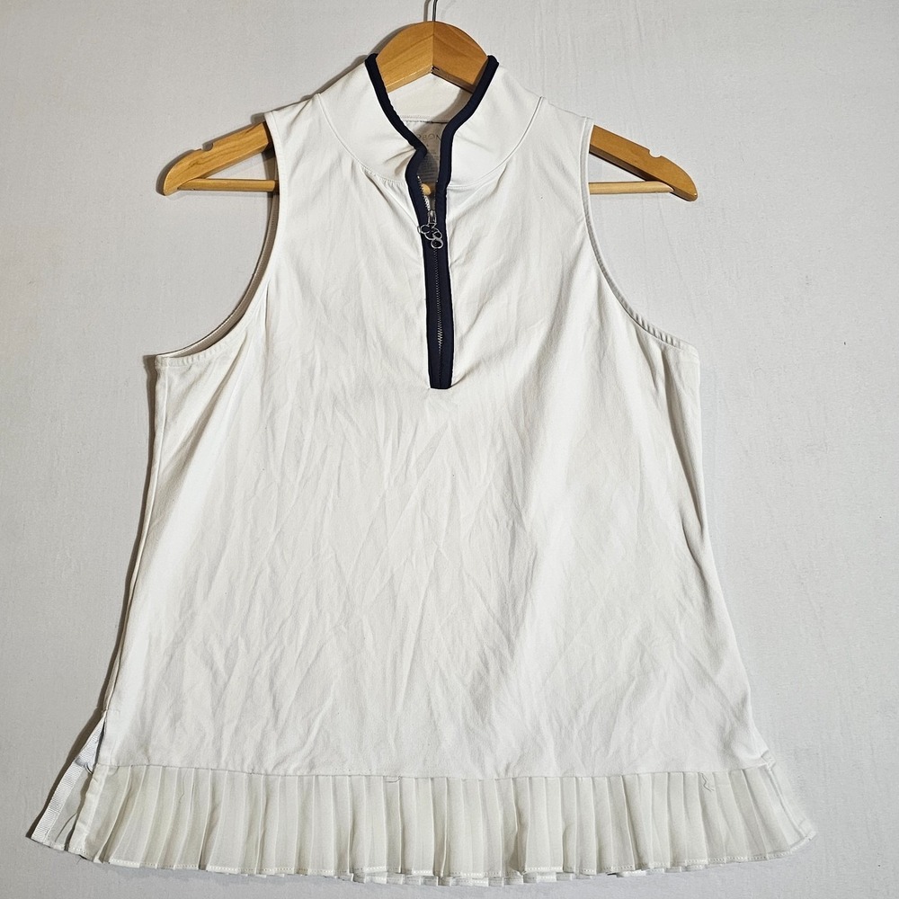 Carbon38 Tennis Top Women Large White Stretch Pleated Hem Sleeveless Quarter Zip